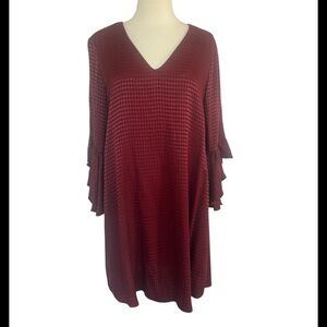 Calvin Klein Houndstooth Bell Flutter Flounce Sleeve Dress Burgundy Wine Sz 12‎